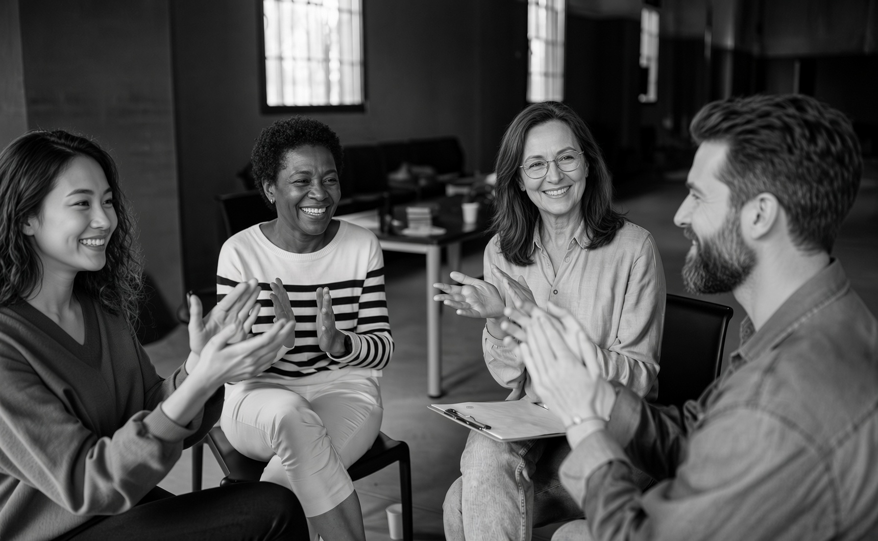 People sitting in a circle, clapping and smiling