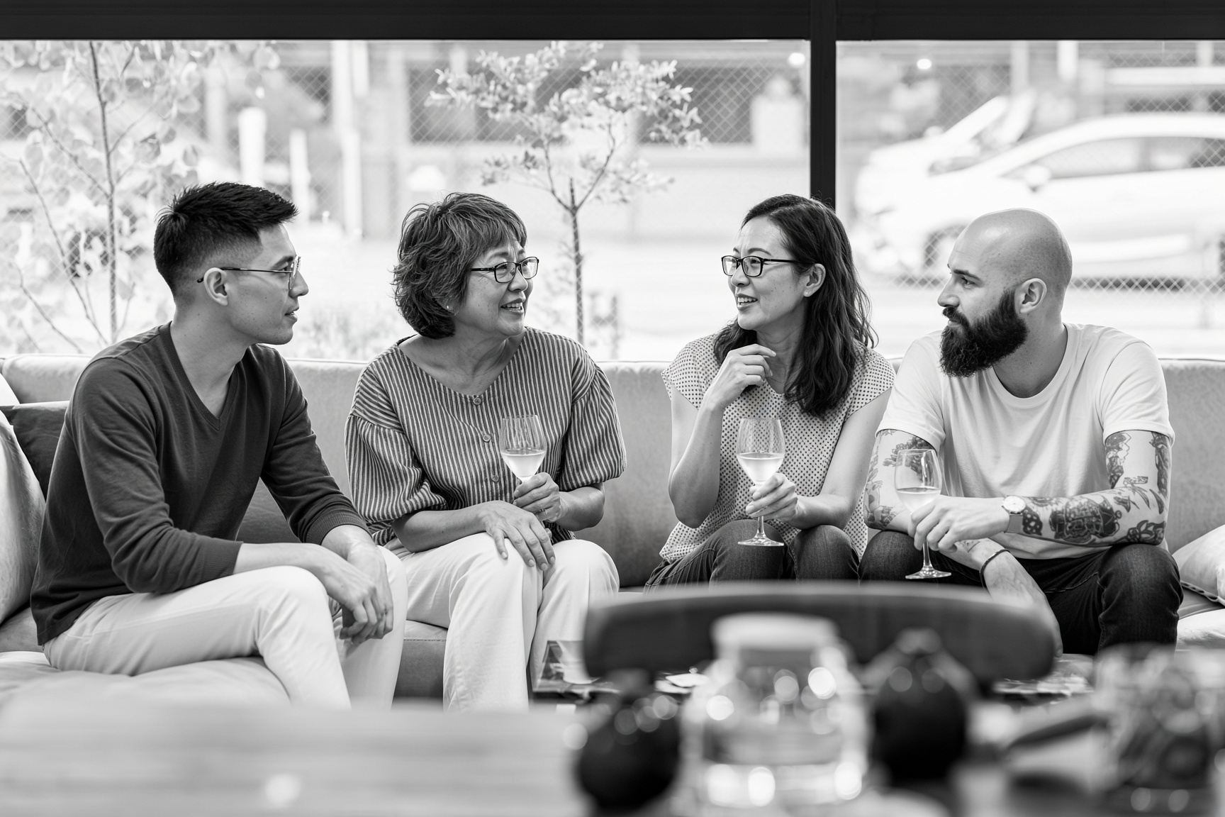 Four friends talking on a sofa
