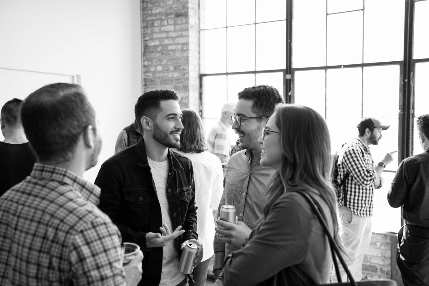 People talking at an event in a loft
