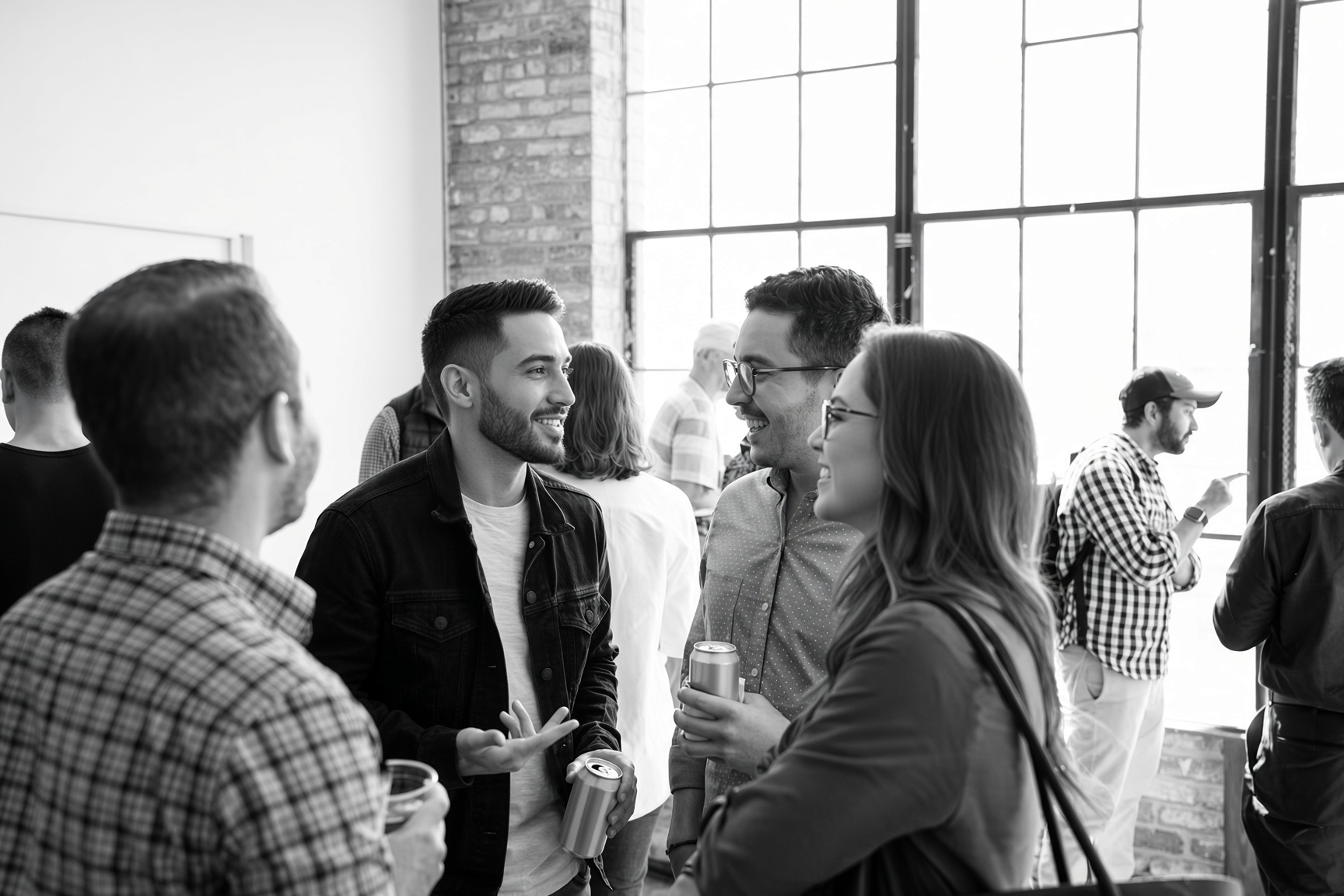 People talking at an event in a loft