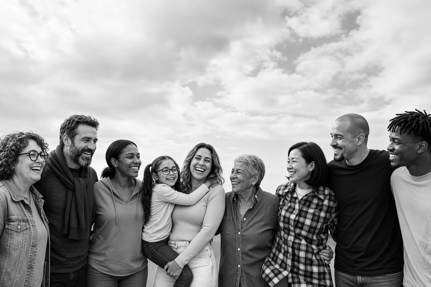 A group of people of different ages and backgrounds laughing together under an open sky